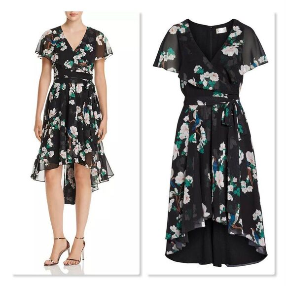 🌹 ELIZA J 🌹 Flutter Sleeve High/Low Faux Wrap Dress - [size 4 in Black] - Picture 1 of 14